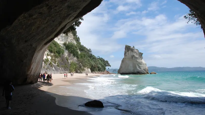 The rock stack at Cathedral Cove, seen through the arch