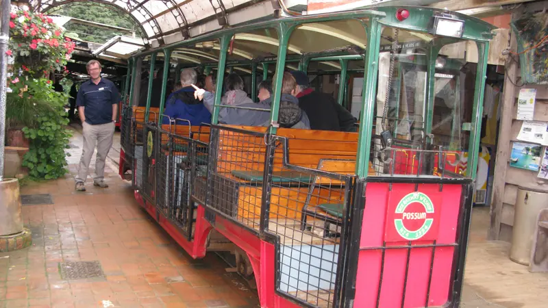 The Driving Creek Railway train waiting at the station