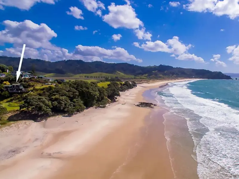 Aerial view of Otama Beach, with an arrow marking the house above the sand